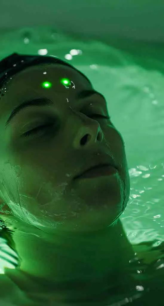 Frau mit geschlossenen Augen in grün beleuchtetem Wasser, mit grünen Lichtpunkten auf der Stirn
