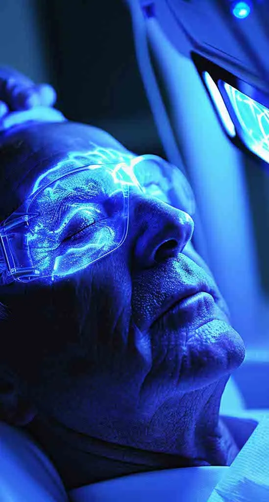 Älterer Mann mit Schutzbrille unter blauem Licht während einer medizinischen Behandlung