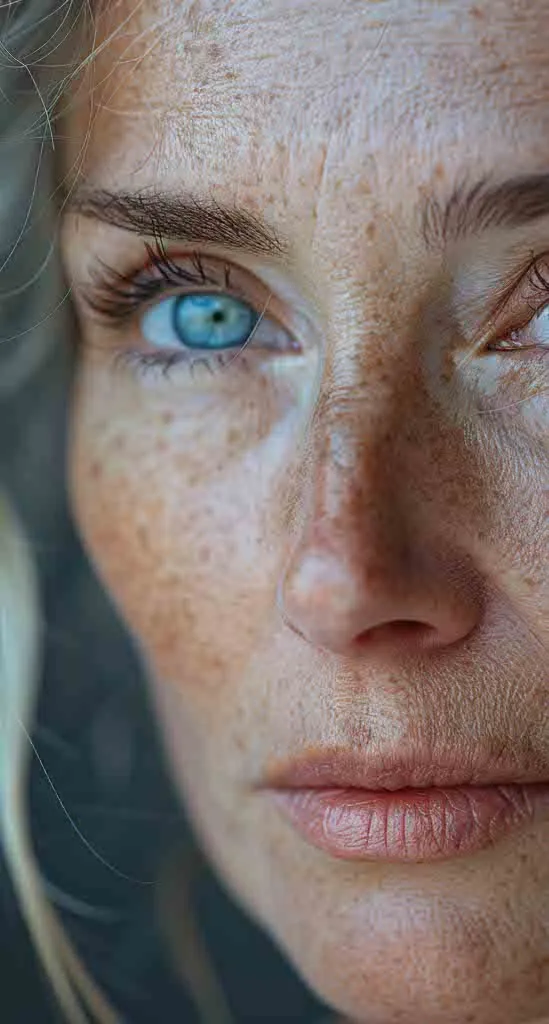 Nahaufnahme eines Gesichtes einer Frau mit blauen Augen, sichtbar mit Sommersprossen und feinen Linien