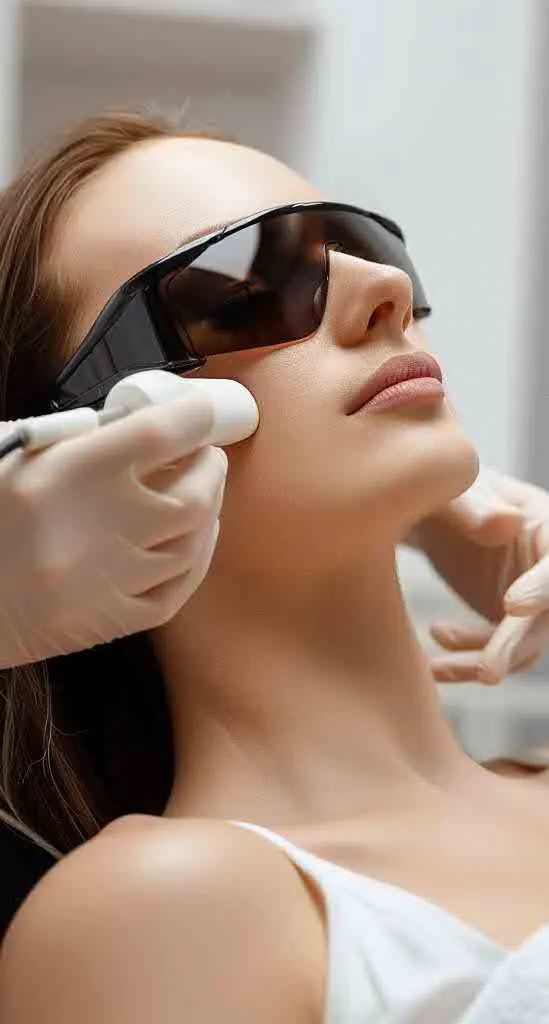 Frau mit dunkler Brille erhält Laserbehandlung im Gesicht, durchgeführt von Person mit weißen Handschuhen