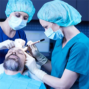 Zwei Chirurgen bei einer Ambulanten Operation im Gesicht eines Mannes